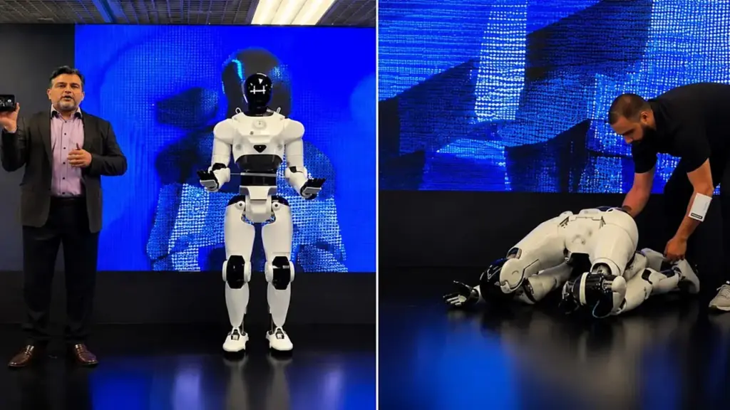 Robot hình người ngã quỵ trên sân khấu