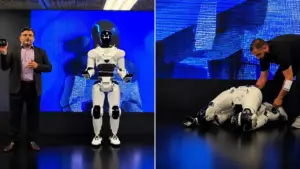 Robot hình người ngã quỵ trên sân khấu